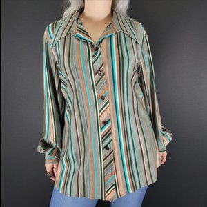70s Striped Long Sleeve Dagger Collar Button UpTop